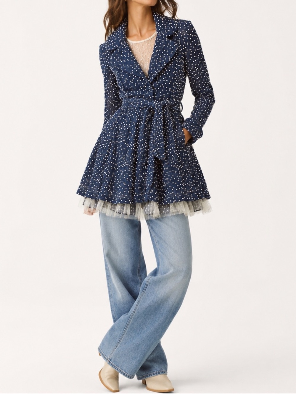 Anthropologie RYU jacket navy with polka 0936 dots anthro ruffle tulle medium